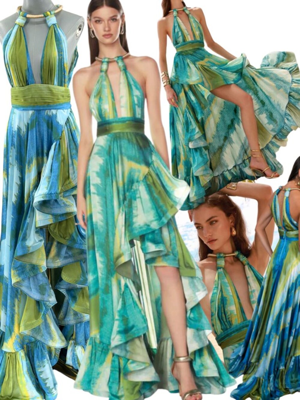 🆕 BRONX & BANCO 🧿 NWOT Palma Coastal Ruffle Hi-Low Gown, Blue Green, Sz S US 4